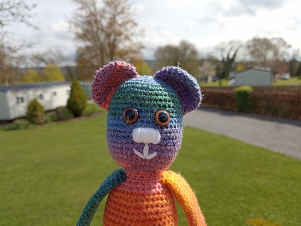 A picture of the head and torso of a brightly coloured crocheted teddy bear. Behind the bear is green grass and blue sky.
